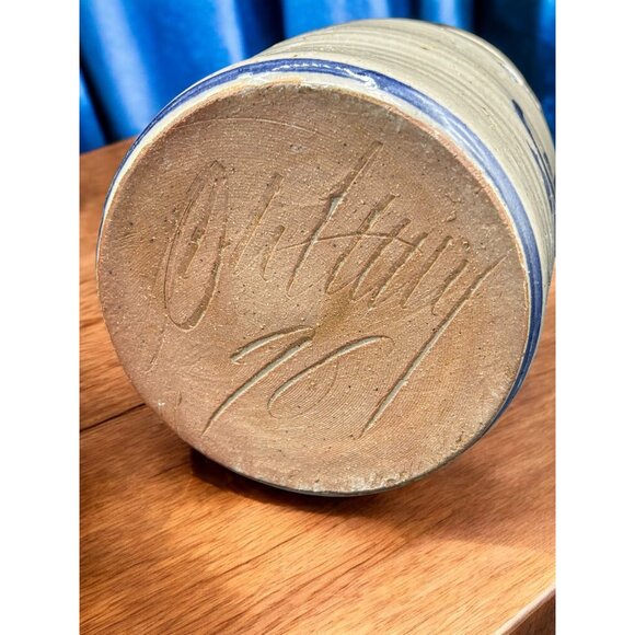 Vintage Stoneware Crock Colbalt Blue Deer Path Woods '76 Art Pottery - Picture 6 of 7